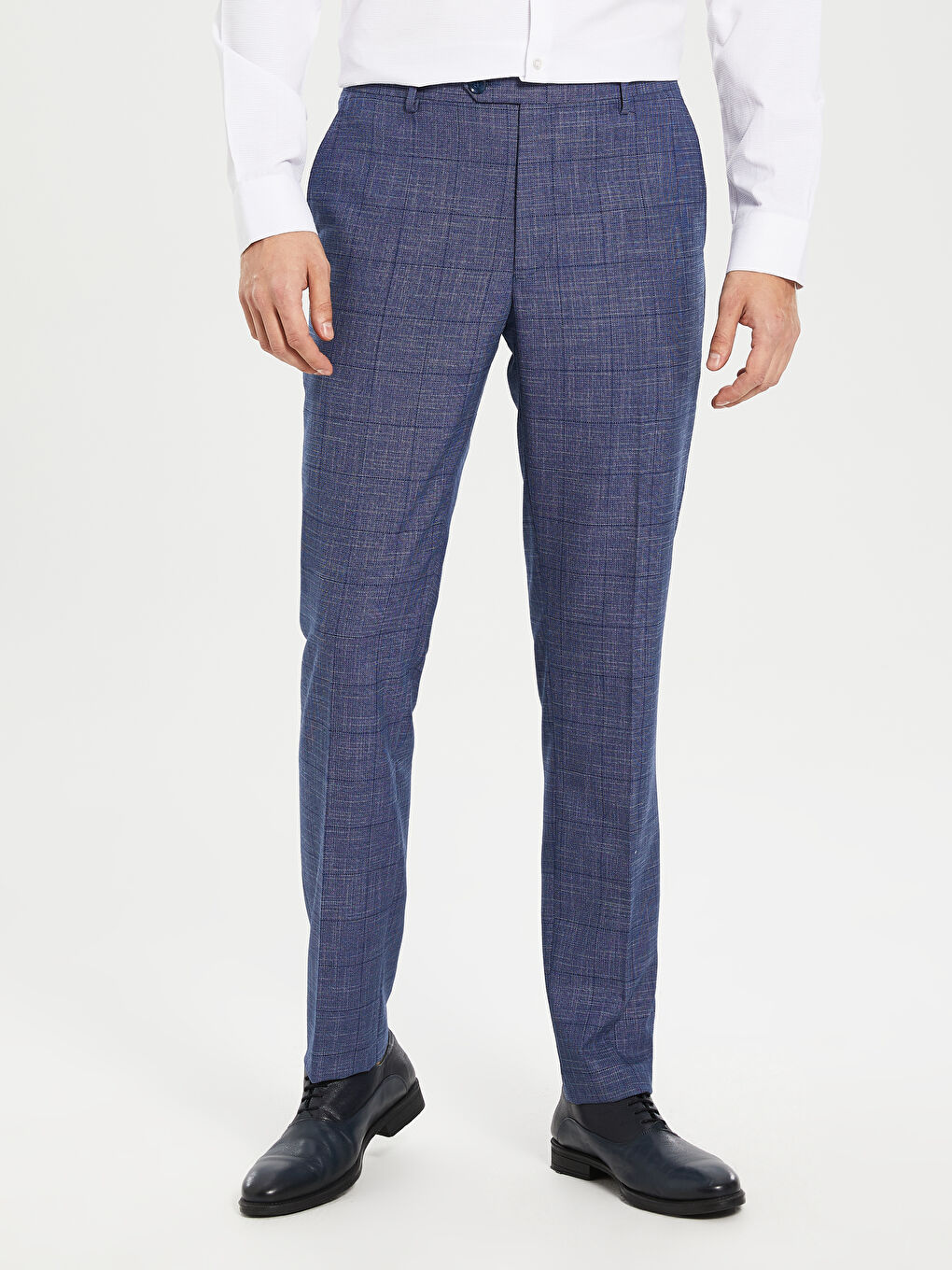 İndigo Dar Kalıp Ekose Armürlü Takım Elbise Pantolonu-2