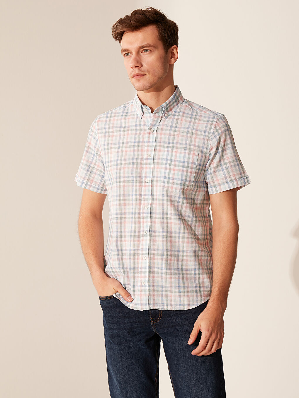 Pembe Regular Fit Kısa Kollu Poplin Erkek Gömlek