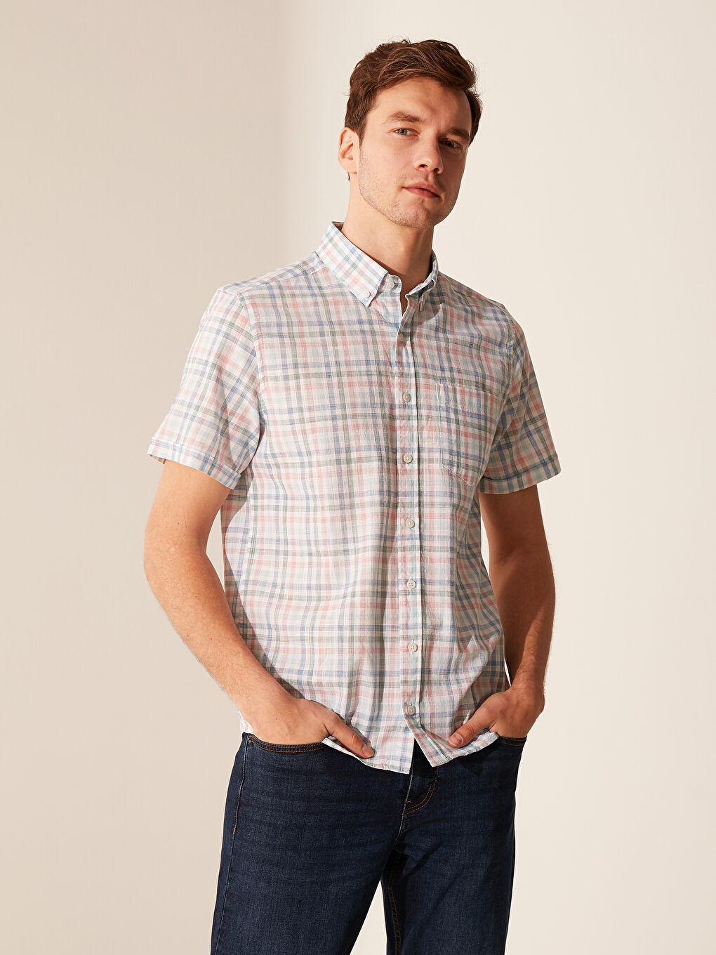 Pembe Regular Fit Kısa Kollu Poplin Erkek Gömlek-1