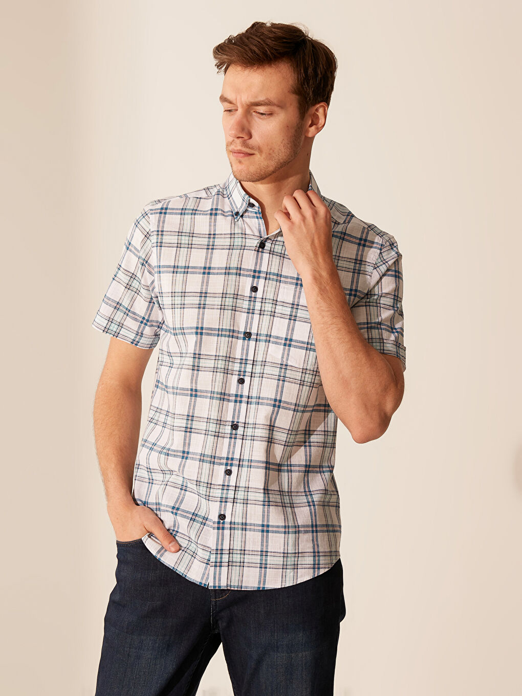 Turkuaz Regular Fit Kısa Kollu Ekose Poplin Gömlek-1