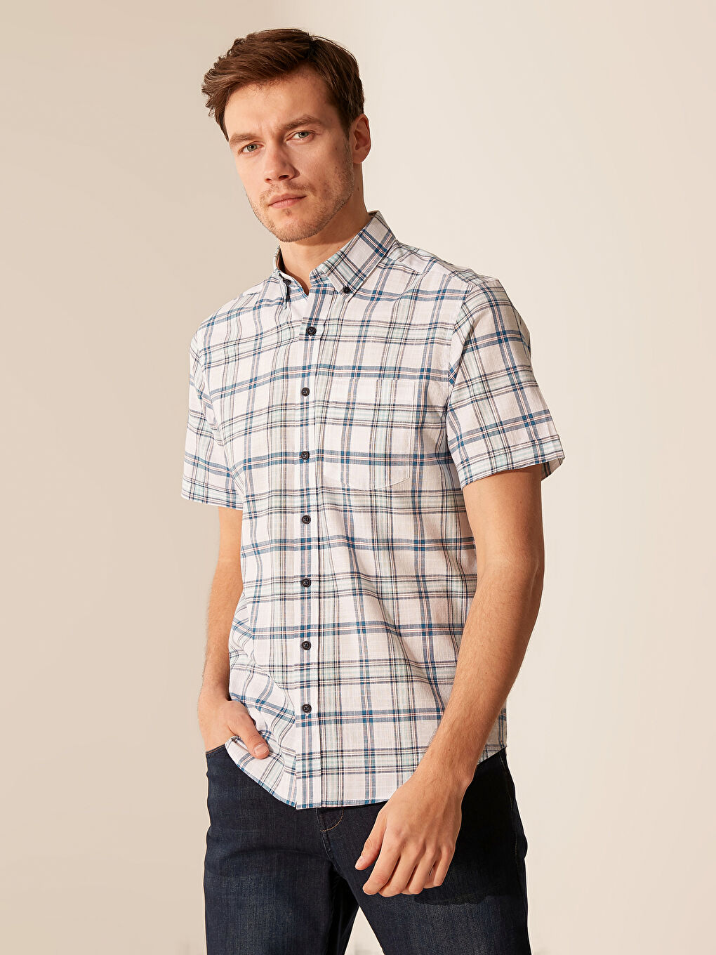 Turkuaz Regular Fit Kısa Kollu Ekose Poplin Gömlek-2