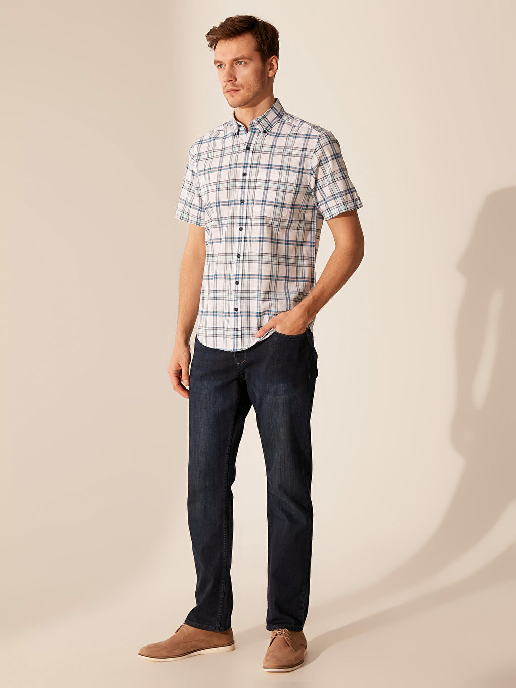 Turkuaz Regular Fit Kısa Kollu Ekose Poplin Gömlek-4