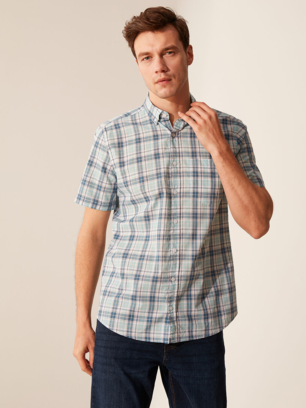 Regular Fit Short Sleeve Chequered Poplin Shirt