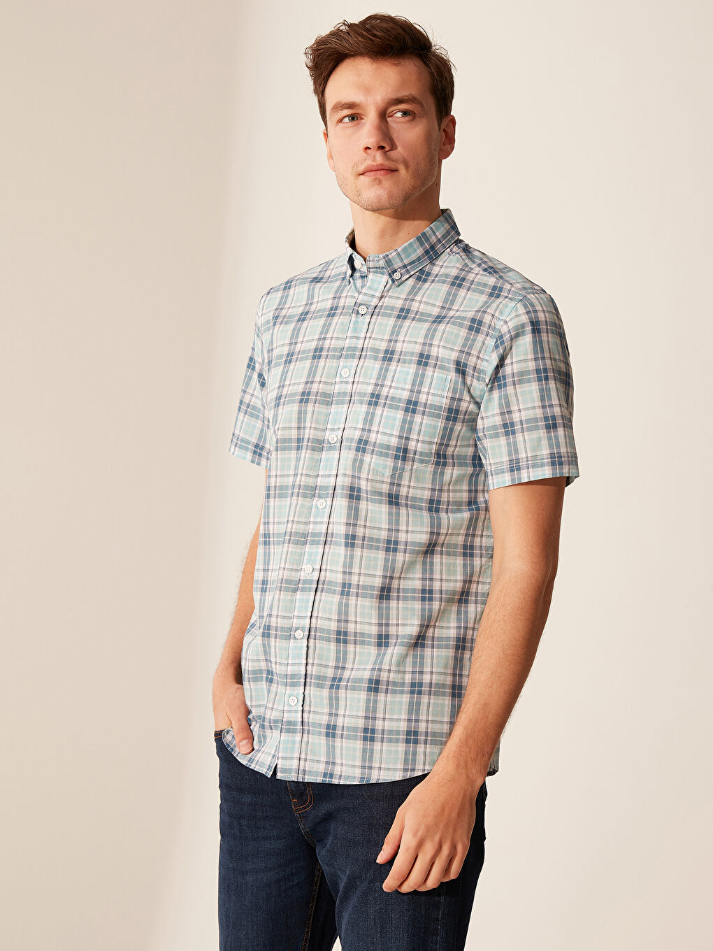 Regular Fit Short Sleeve Chequered Poplin Shirt-1
