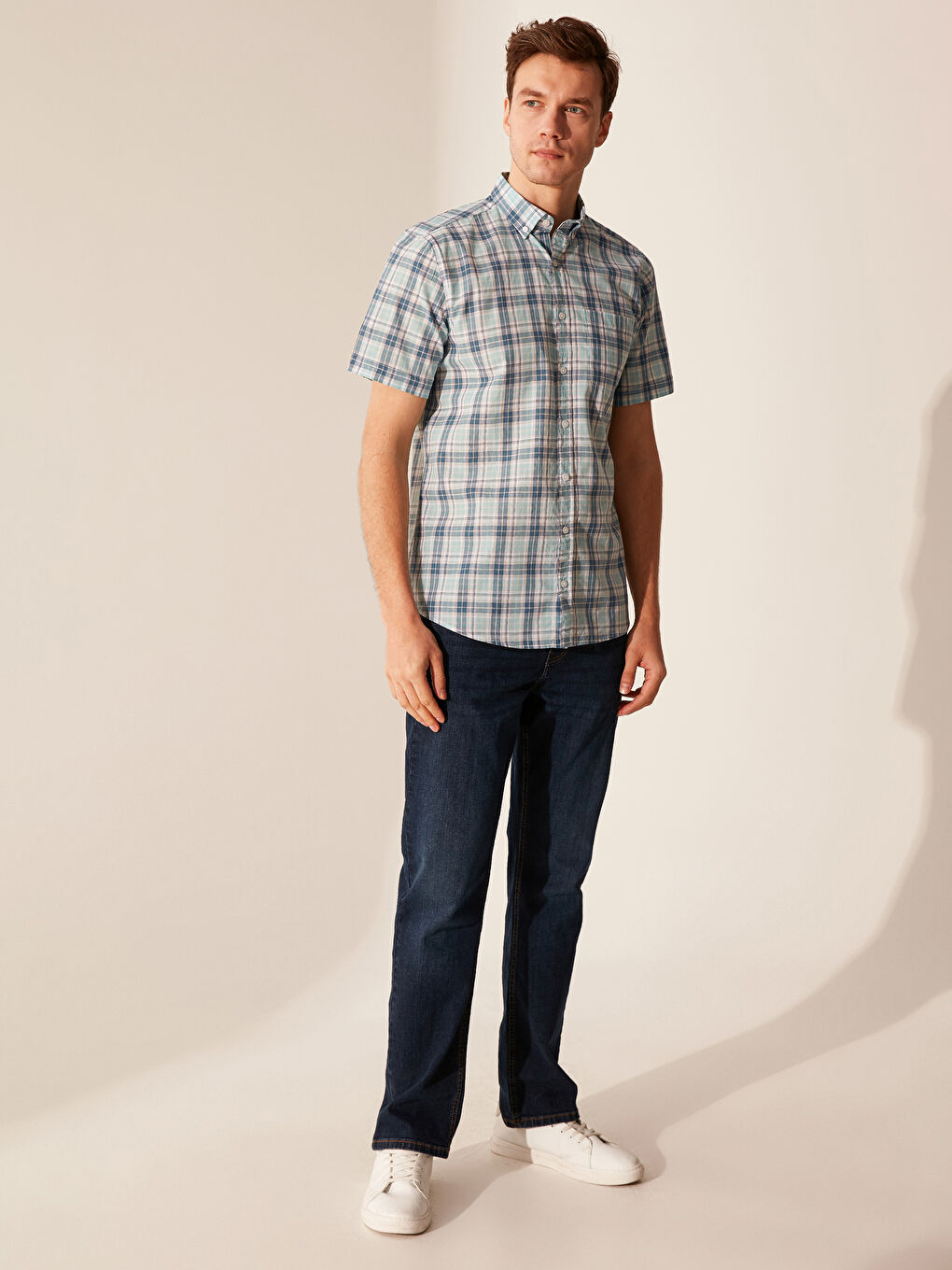 Regular Fit Short Sleeve Chequered Poplin Shirt-3