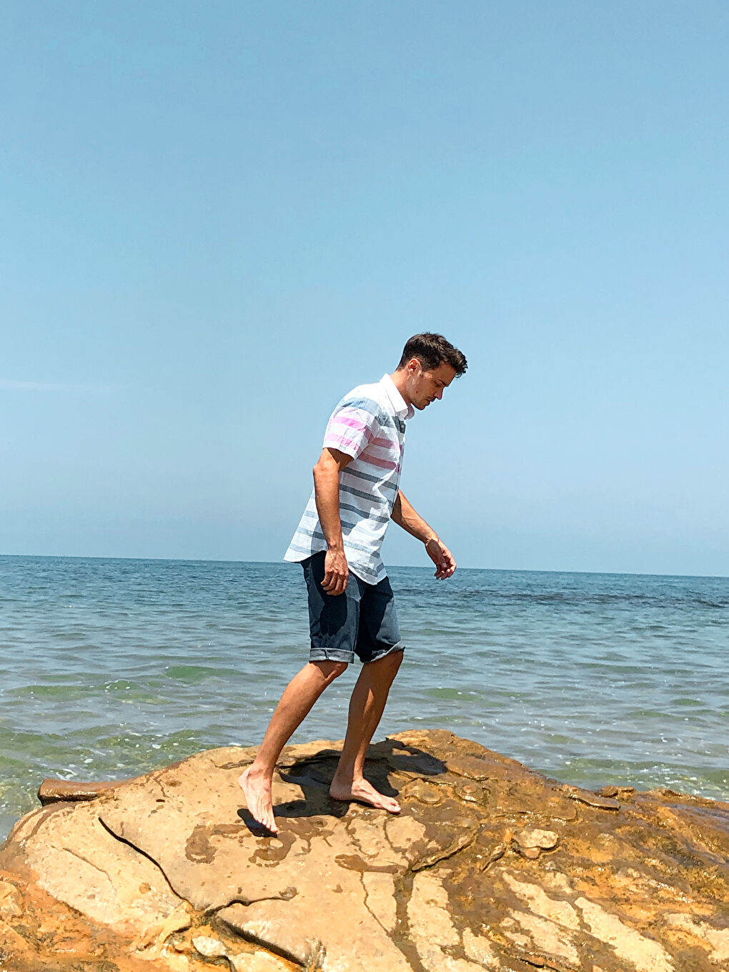 Pembe Slim Fit Çizgili Kısa Kollu Gömlek-7