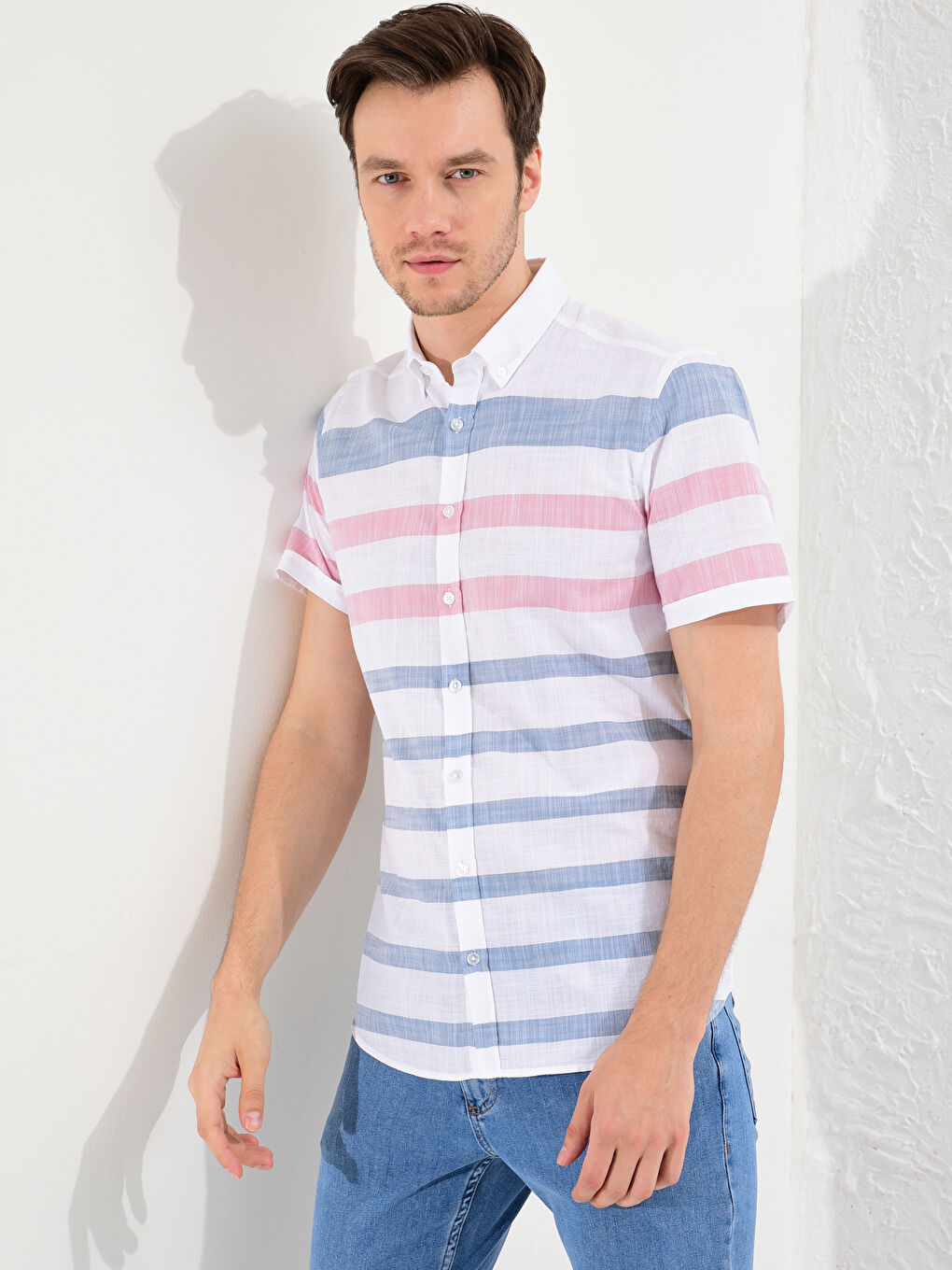 Pembe Slim Fit Çizgili Kısa Kollu Gömlek-8