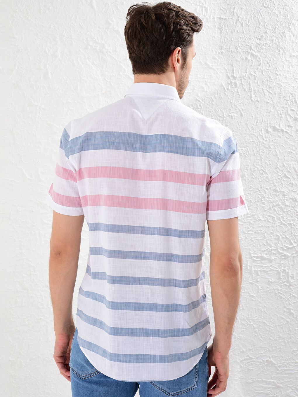 Pembe Slim Fit Çizgili Kısa Kollu Gömlek-5