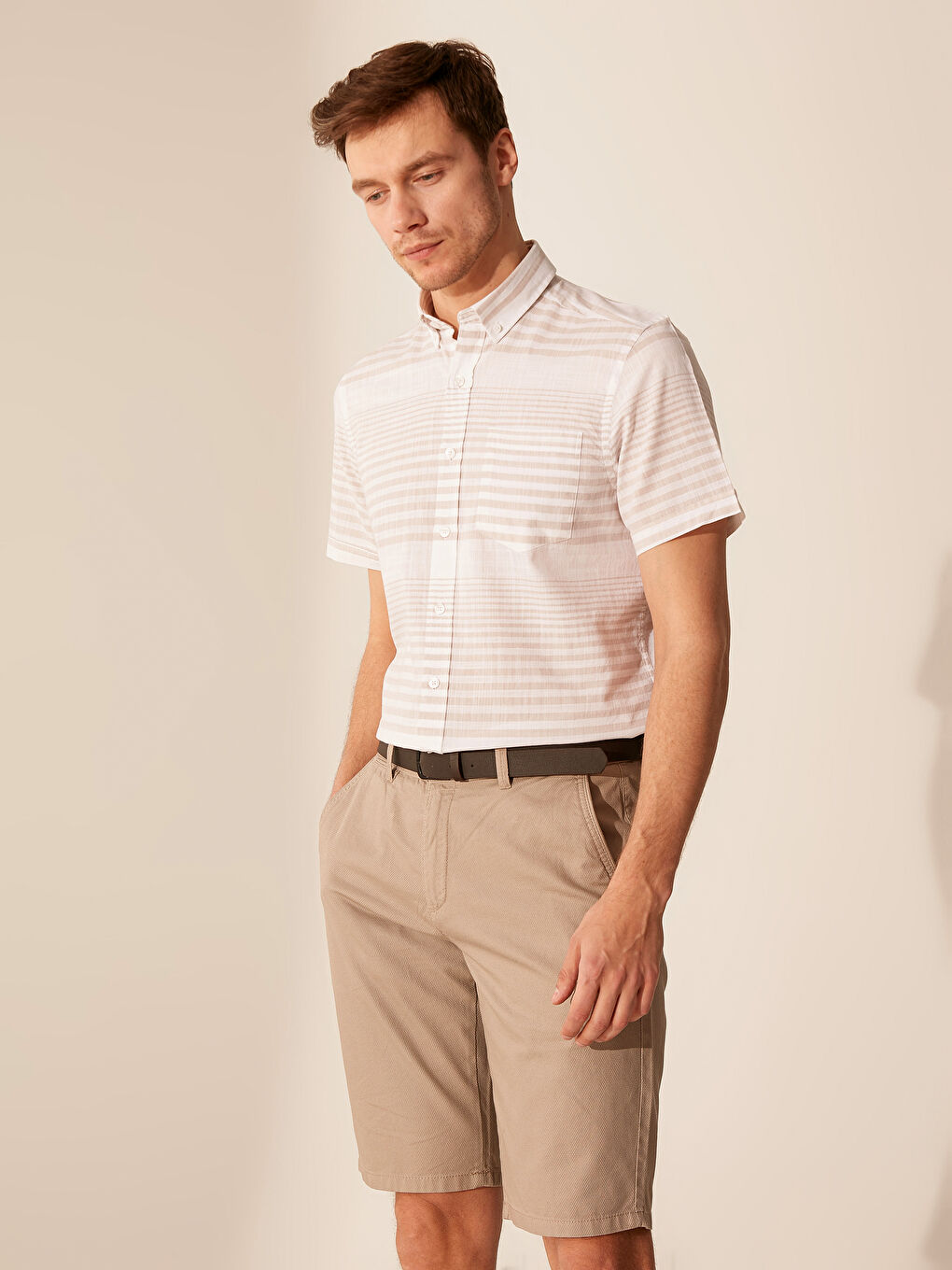 Bej Poplin Erkek Gömlek