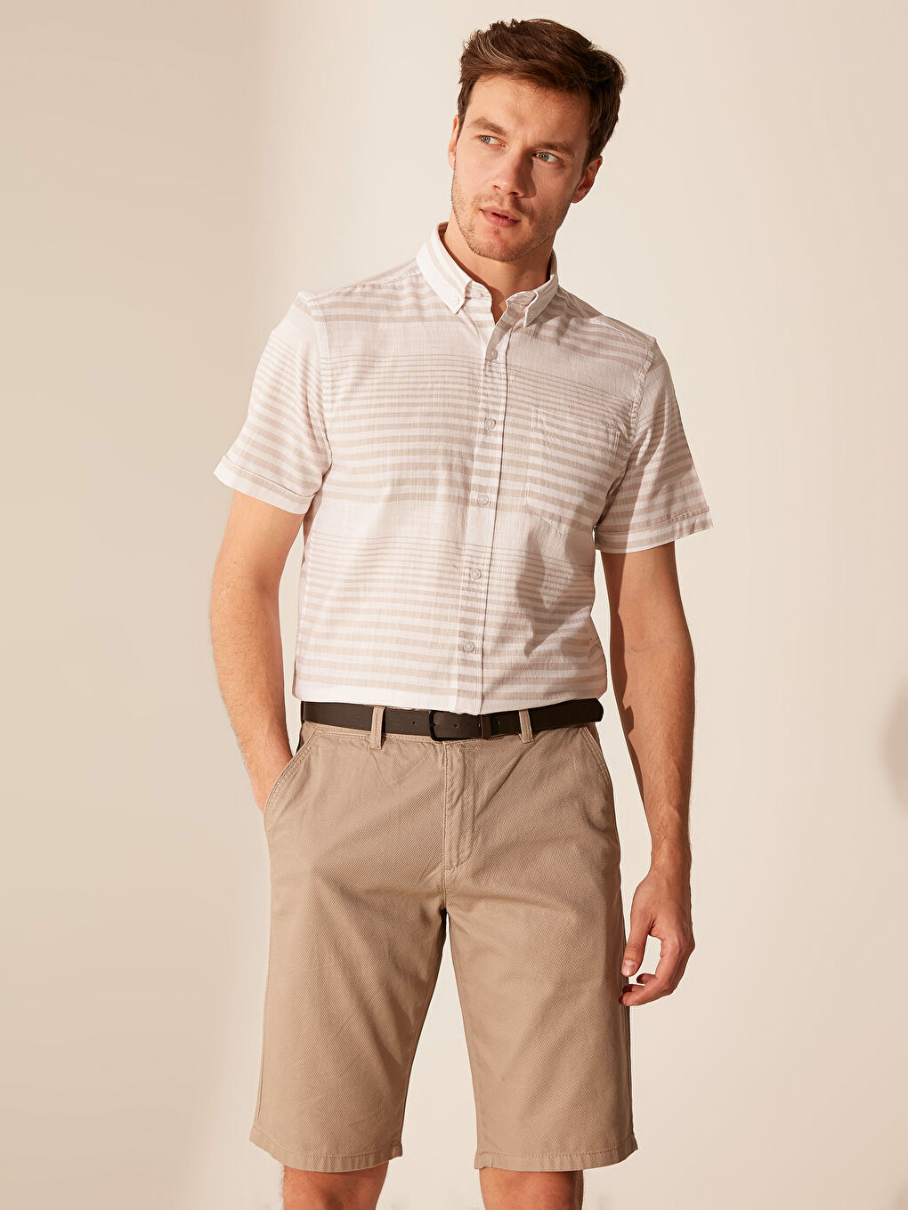Bej Poplin Erkek Gömlek-1
