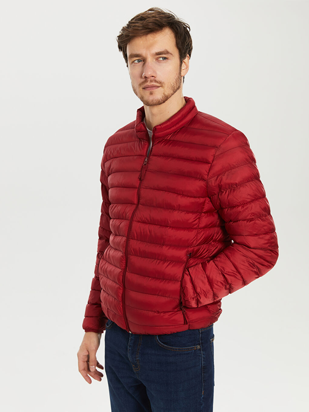 Kırmızı Standart Kalıp Dik Yaka Erkek Şişme Mont-1