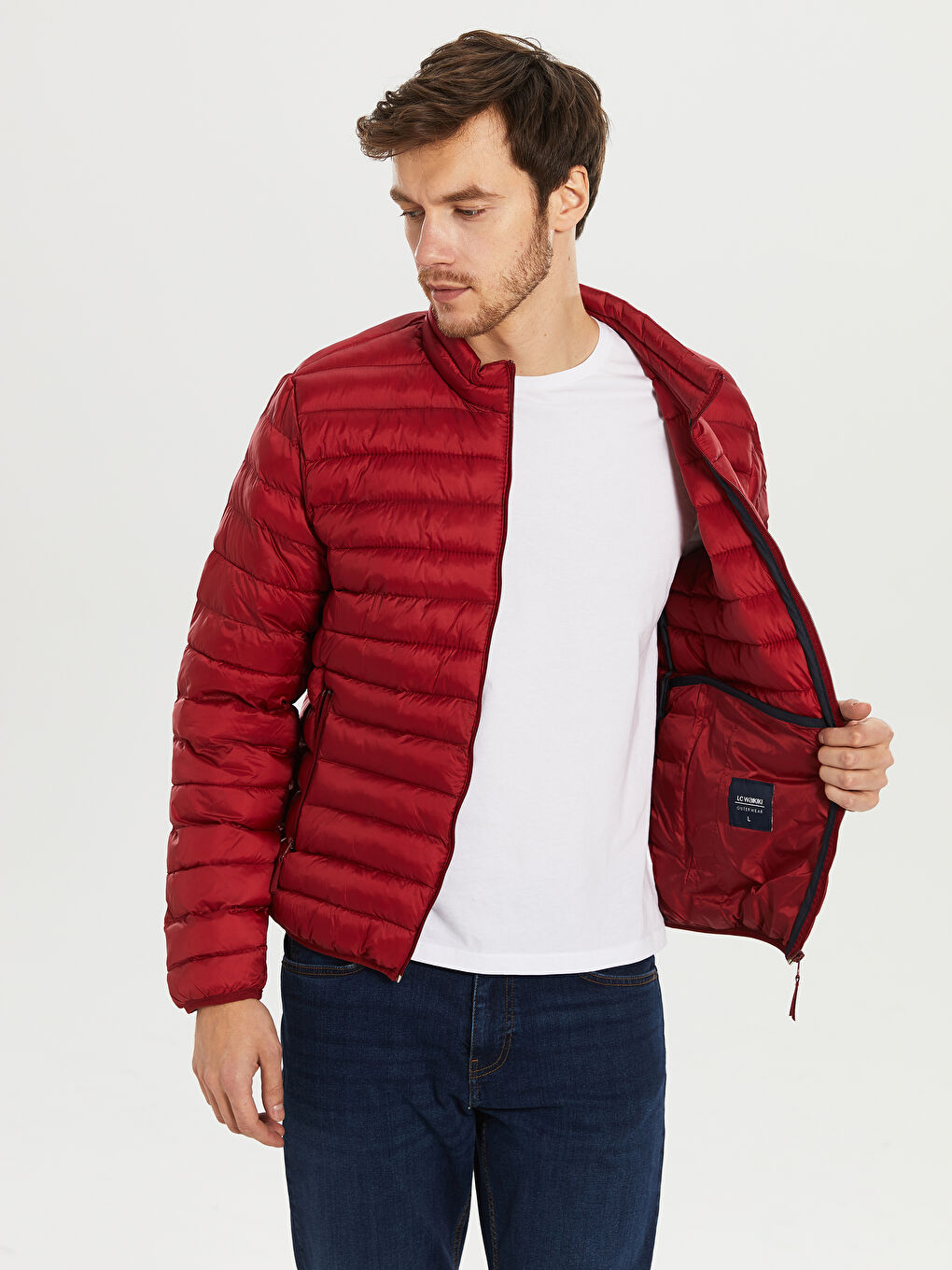 Kırmızı Standart Kalıp Dik Yaka Erkek Şişme Mont-2