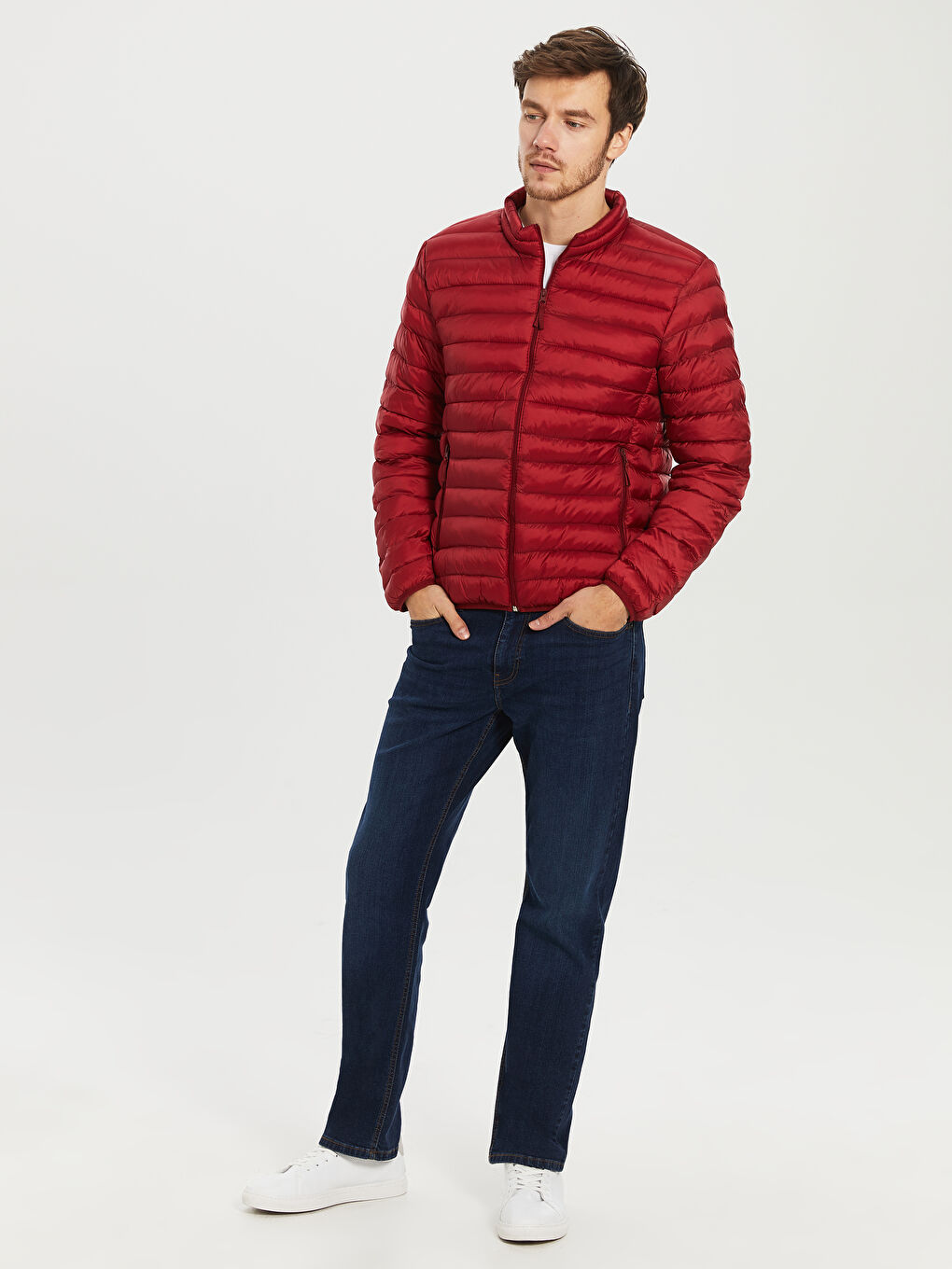 Kırmızı Standart Kalıp Dik Yaka Erkek Şişme Mont-5