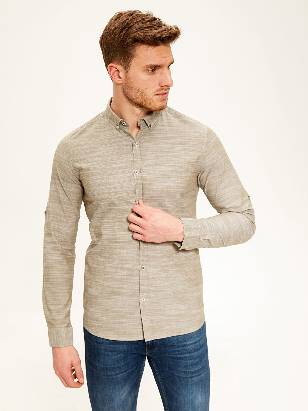 Haki Slim Fit Uzun Kollu Poplin Erkek Gömlek