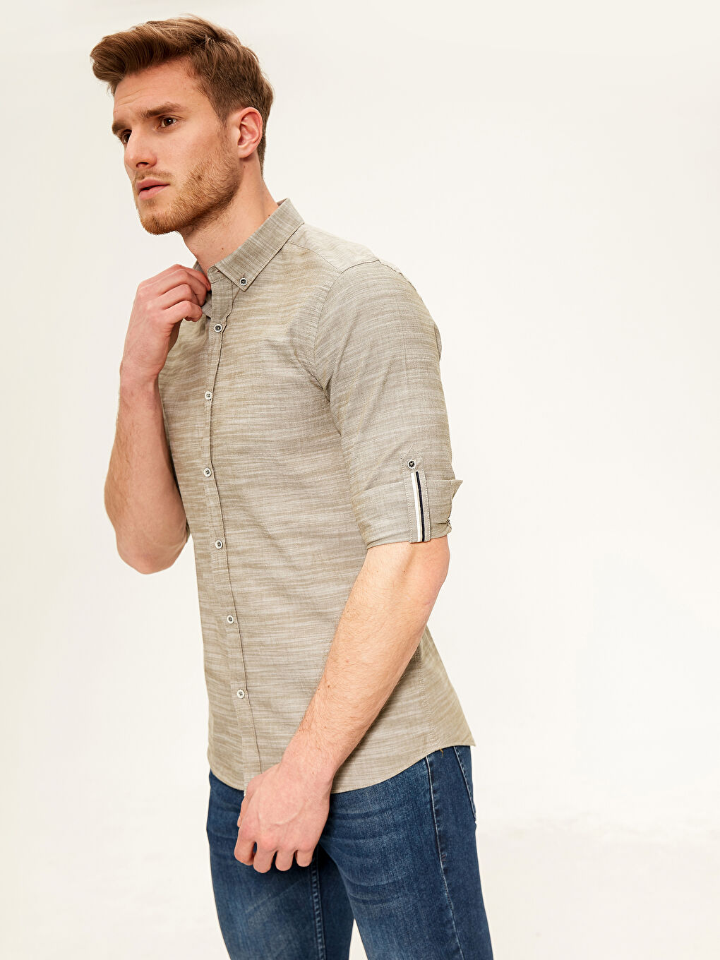 Haki Slim Fit Uzun Kollu Poplin Erkek Gömlek-1