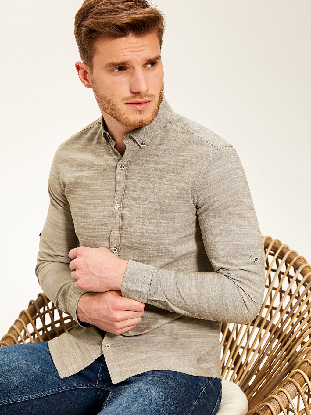 Haki Slim Fit Uzun Kollu Poplin Erkek Gömlek-2