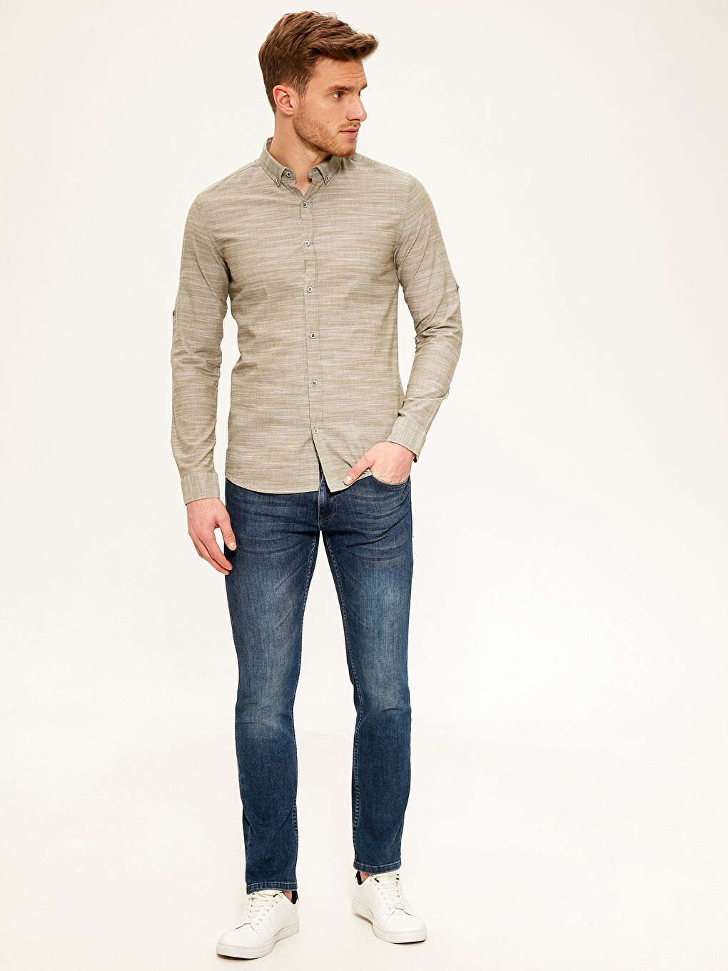 Haki Slim Fit Uzun Kollu Poplin Erkek Gömlek-4