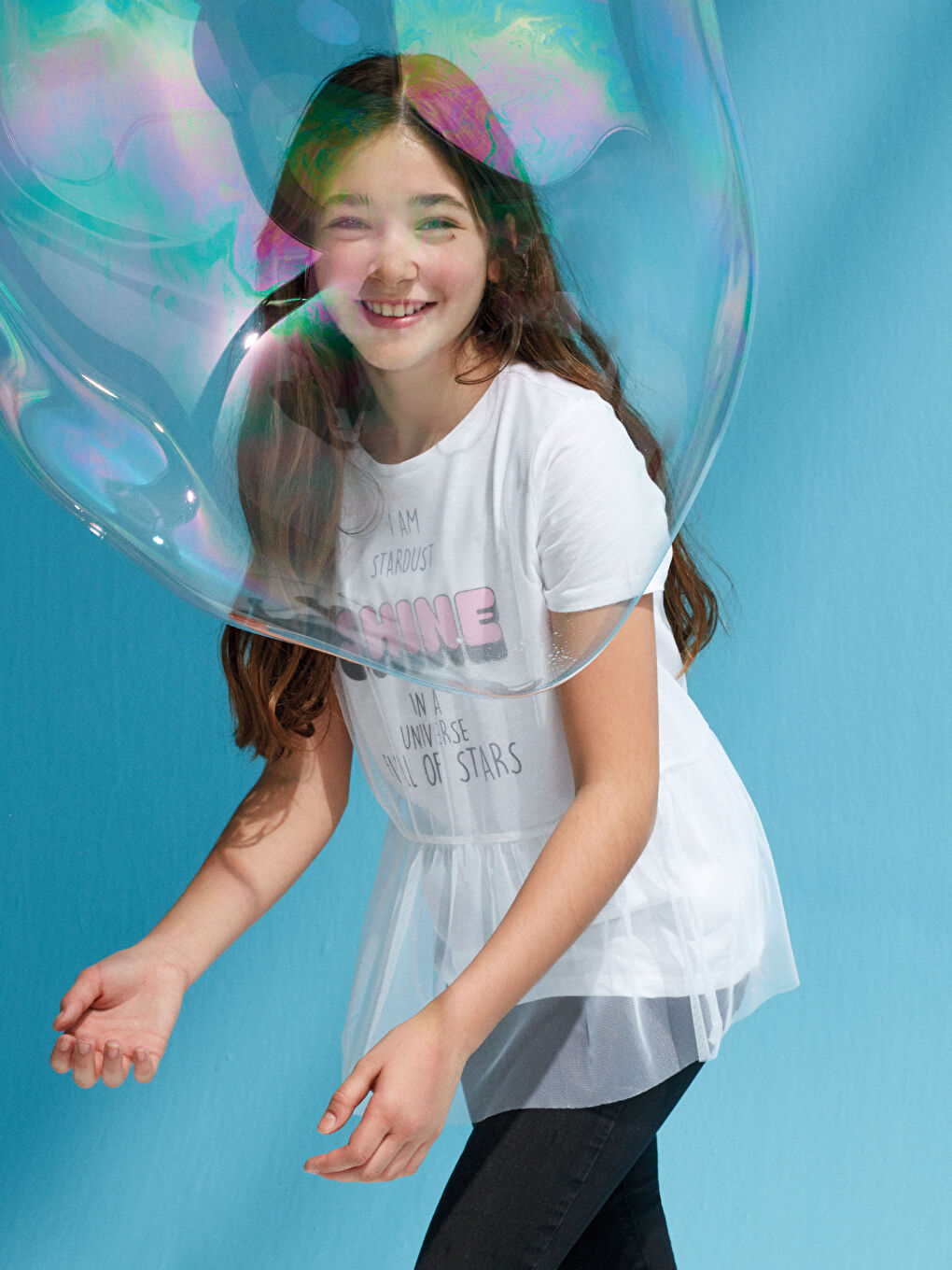 Beyaz Bisiklet Yaka Baskılı Kısa Kollu Kız Çocuk Tişört-1