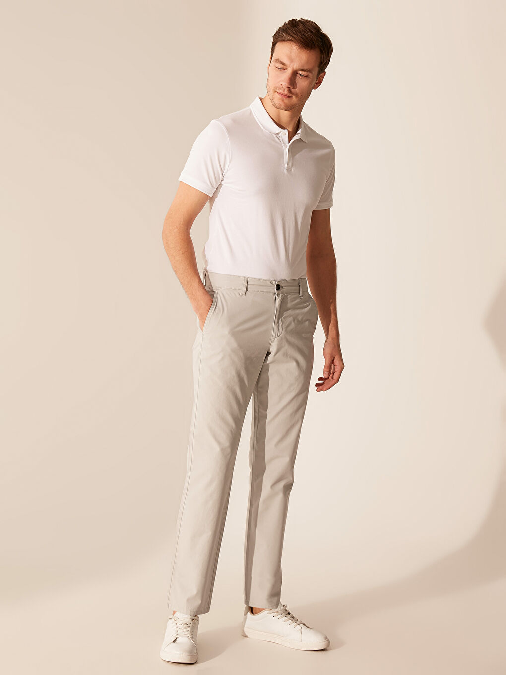 Gri Geniş Kalıp Gabardin Erkek Chino Pantolon-1