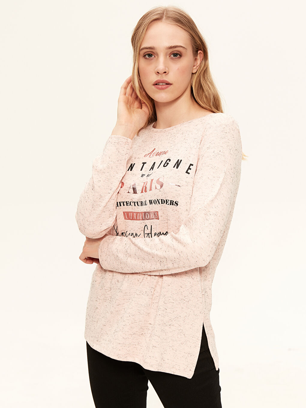 Pembe Bisiklet Yaka Uzun Kollu Kadın Tişört-2