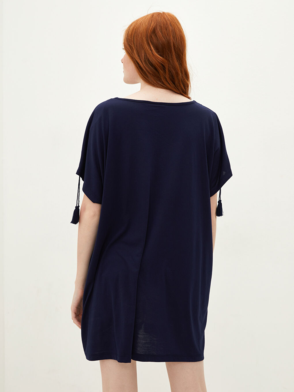 Lacivert Dantel Detaylı Kısa Kollu Kadın Kadın Plaj Elbisesi-4