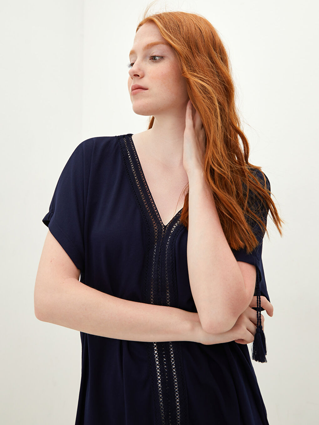 Lacivert Dantel Detaylı Kısa Kollu Kadın Kadın Plaj Elbisesi