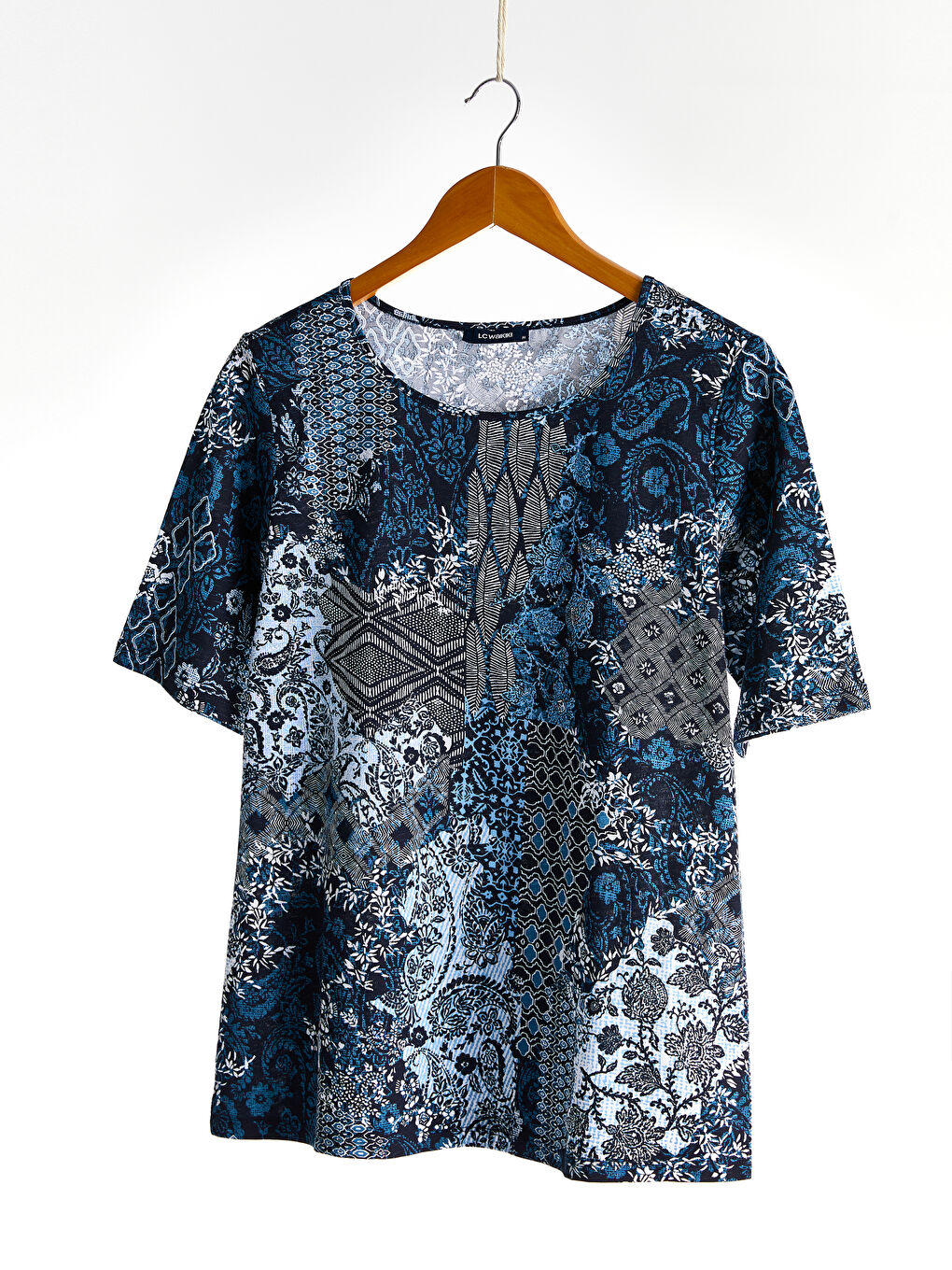 Lacivert Bisiklet Yaka Uzun Kollu Desenli Pamuklu Kadın Tişört