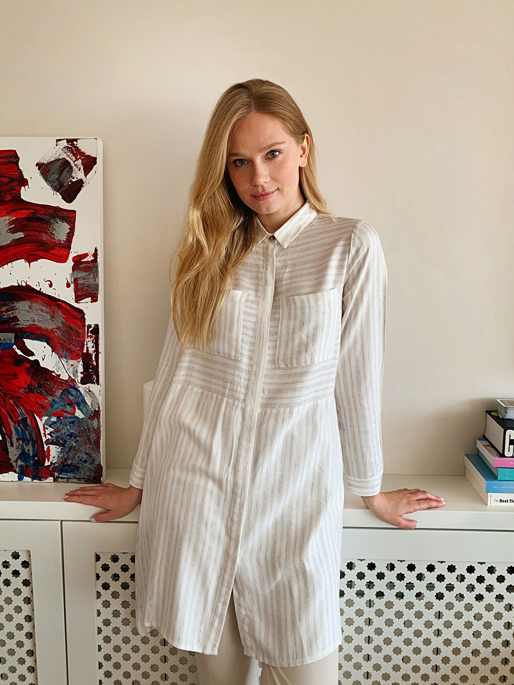 Standard Fit Long Sleeve Gabardine Women's Striped Viscose Tunic