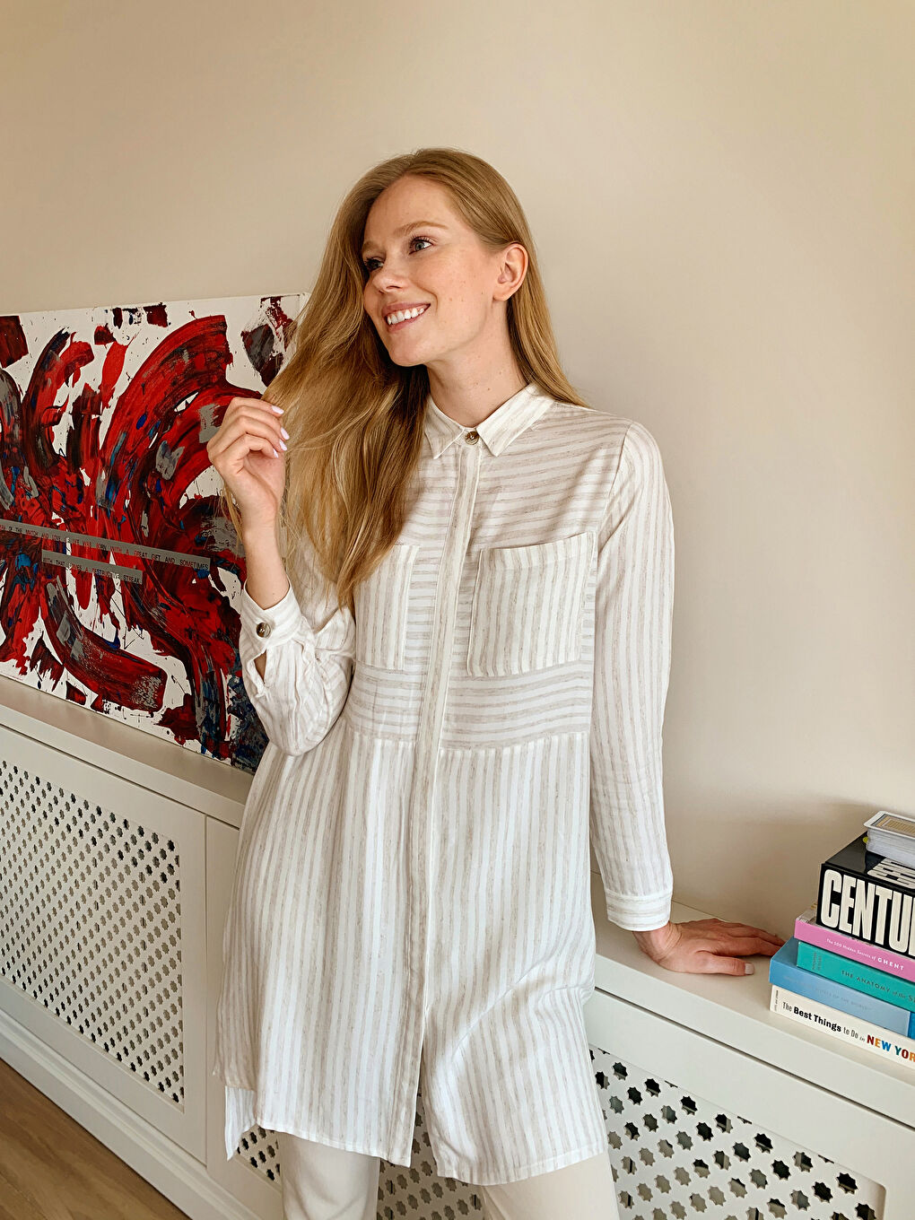 Standard Fit Long Sleeve Gabardine Women's Striped Viscose Tunic-7