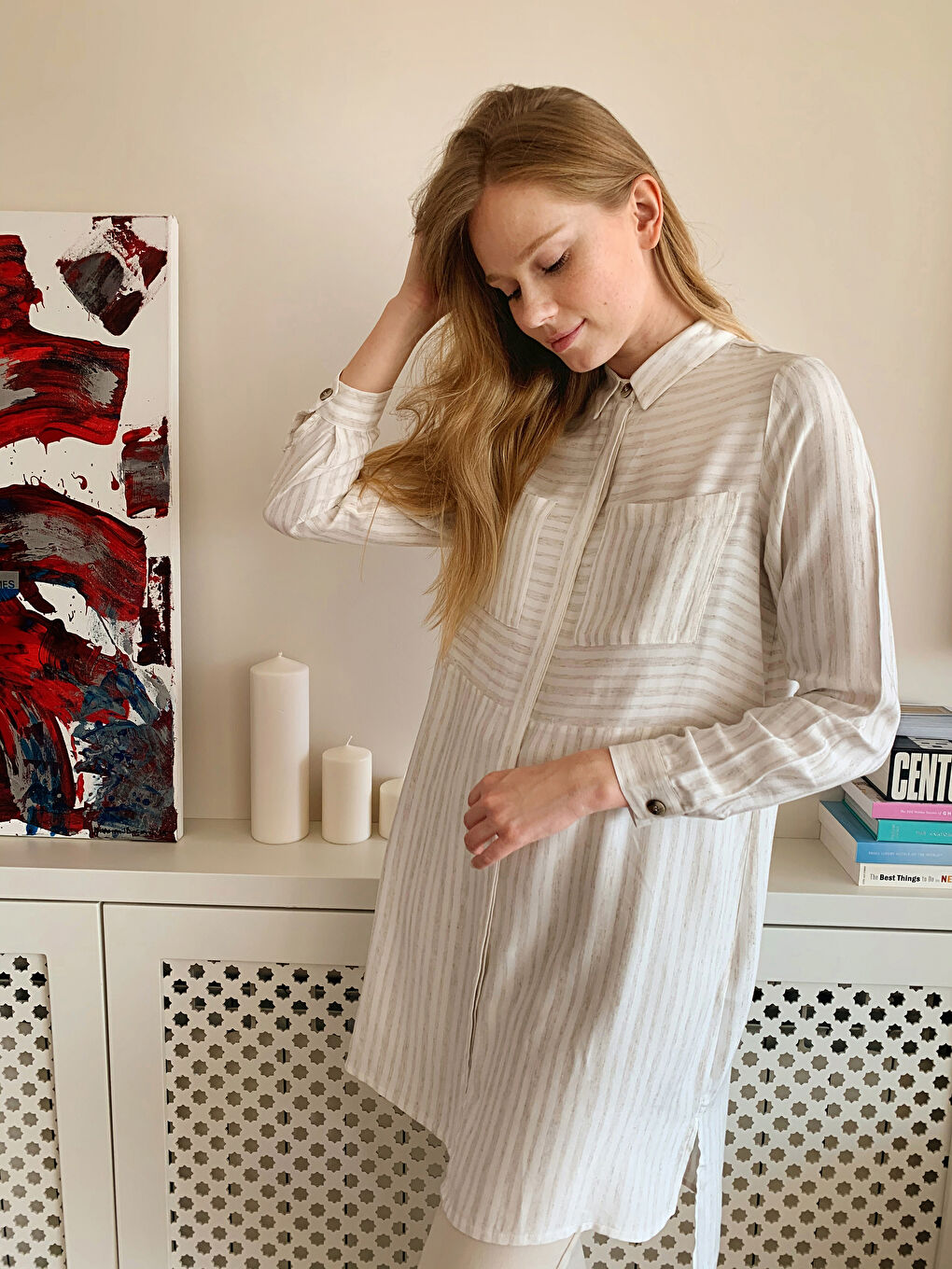 Standard Fit Long Sleeve Gabardine Women's Striped Viscose Tunic-1