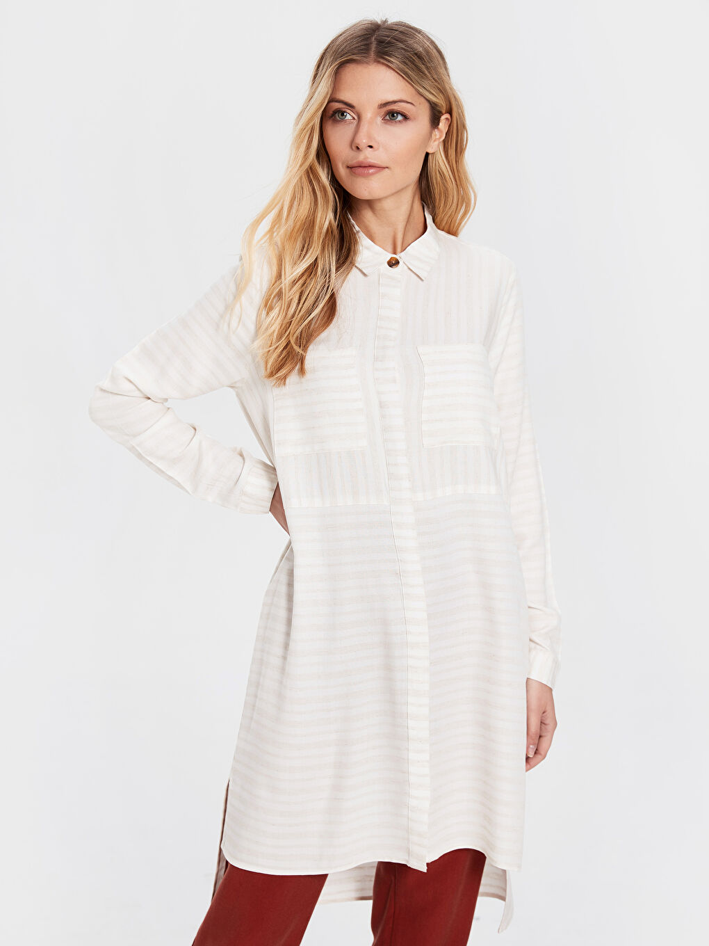 Standard Fit Long Sleeve Gabardine Women's Striped Viscose Tunic-3