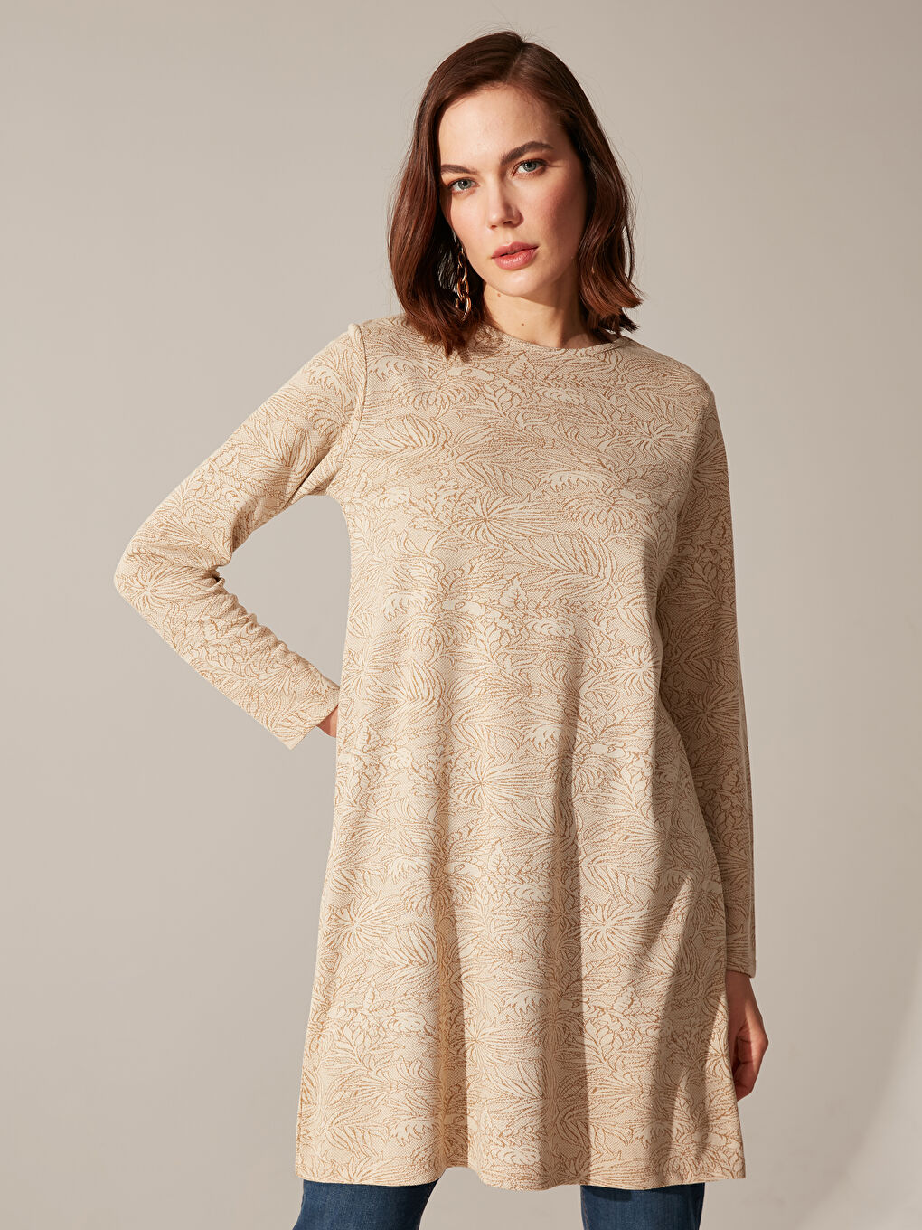 Tunică cu Guler Rotund, Cu Model, Mânecă Lungă, pentru Femei