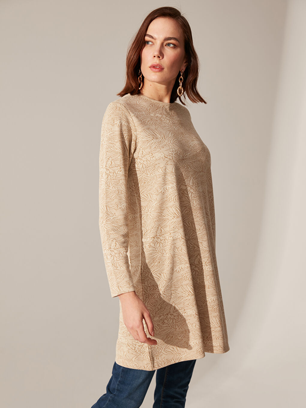 Tunică cu Guler Rotund, Cu Model, Mânecă Lungă, pentru Femei-1