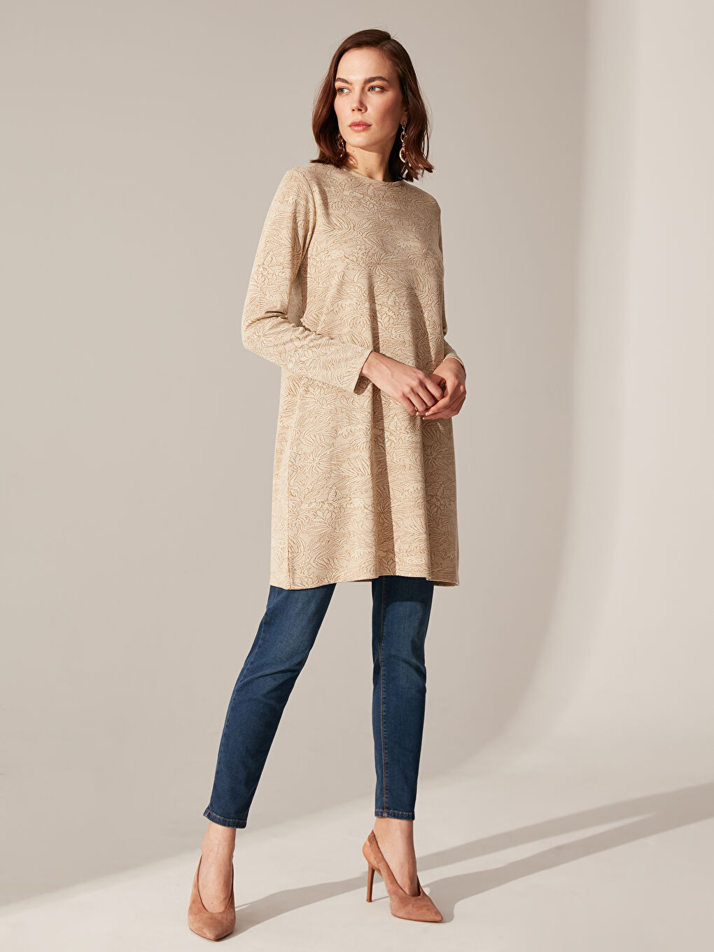 Tunică cu Guler Rotund, Cu Model, Mânecă Lungă, pentru Femei-2