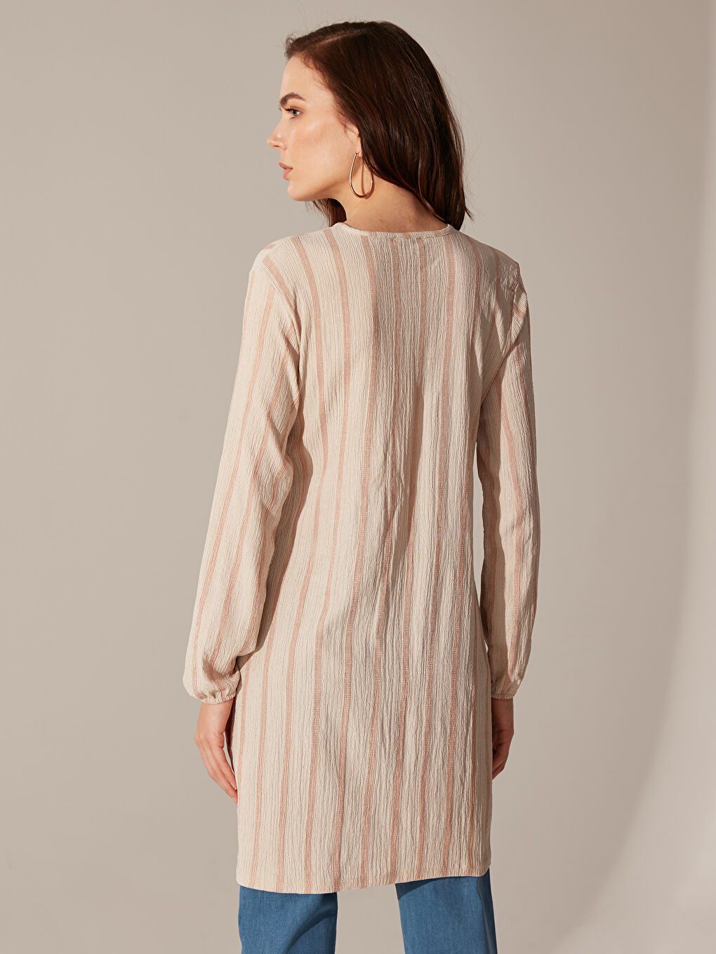 Bej Bisiklet Yaka Çizgi Desenli Uzun Kollu Kadın Tunik-4