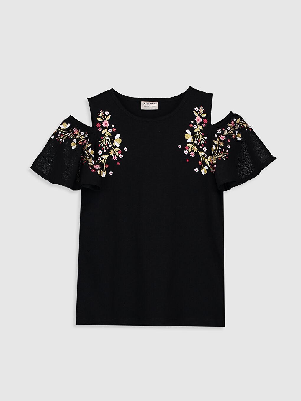 تيشيرت بناتي بكتف مكشوف وطبعة