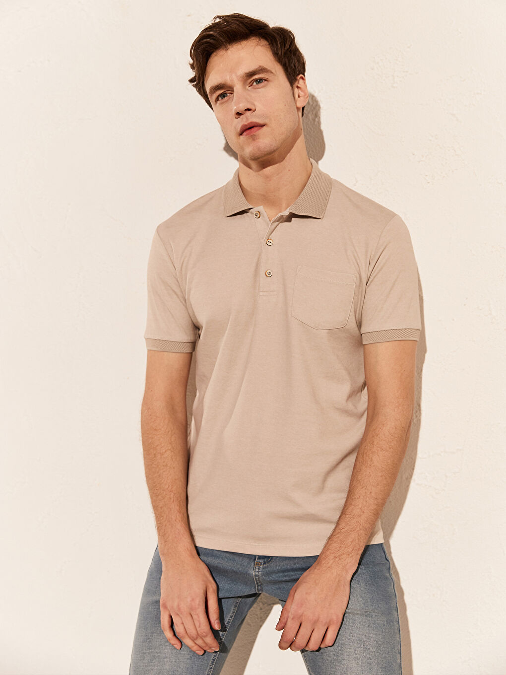 Bej Polo Yaka Basic Kısa Kollu Tişört-1