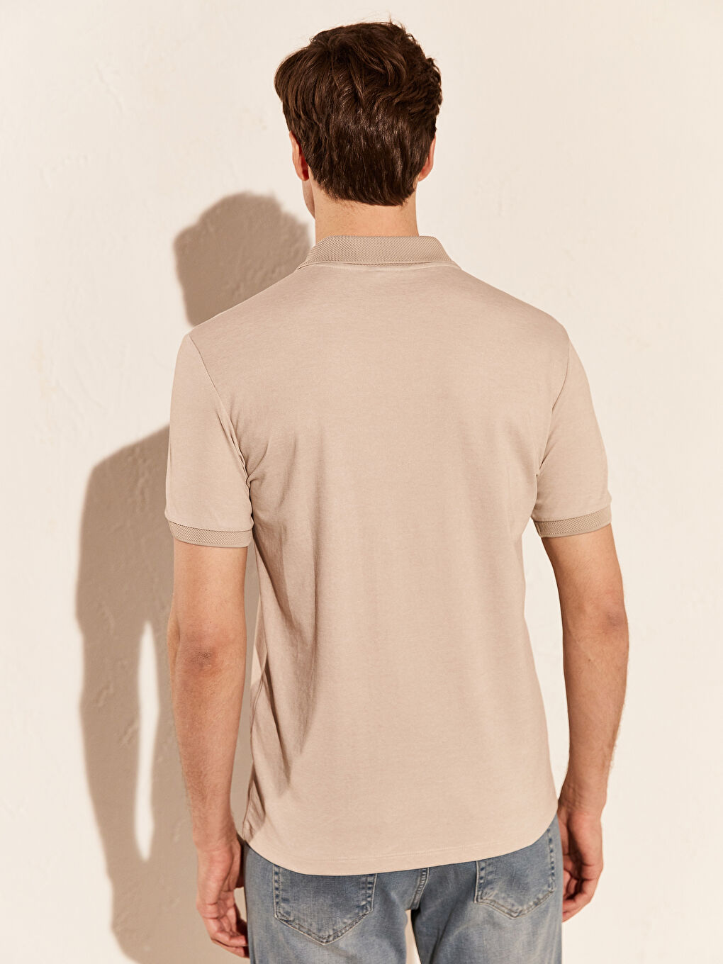 Bej Polo Yaka Basic Kısa Kollu Tişört-2