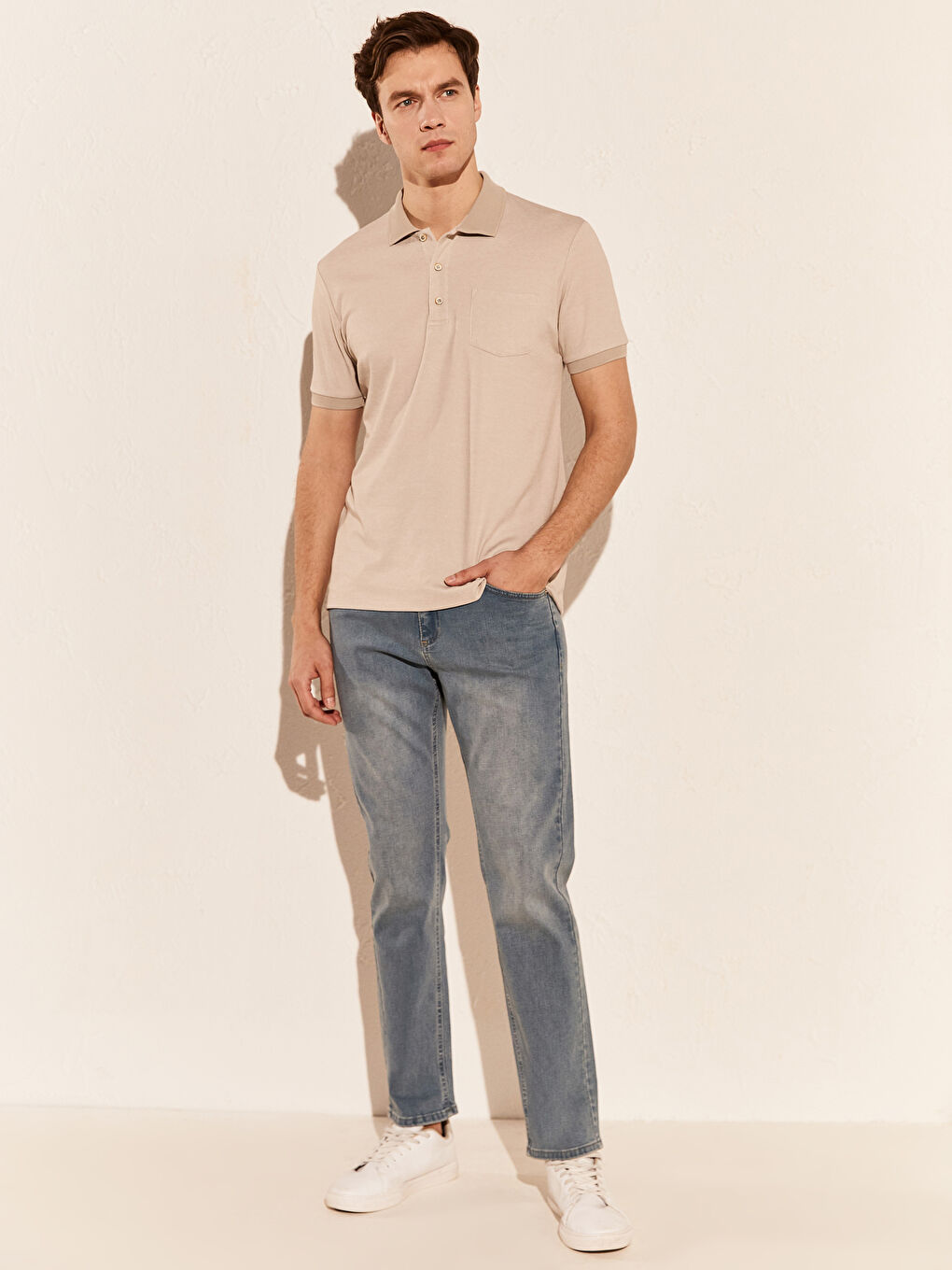 Bej Polo Yaka Basic Kısa Kollu Tişört-3