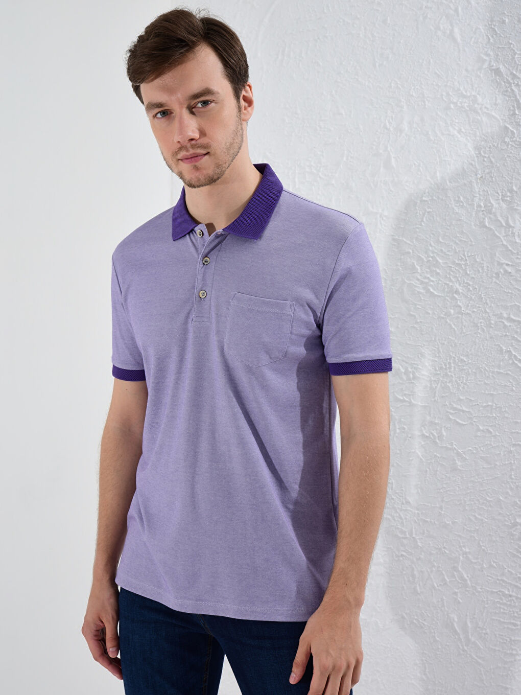 Mor Polo Yaka Basic Kısa Kollu Tişört