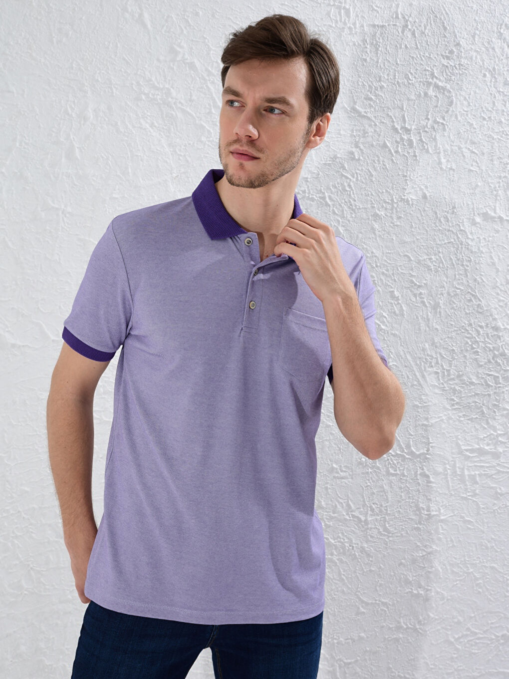 Mor Polo Yaka Basic Kısa Kollu Tişört-1