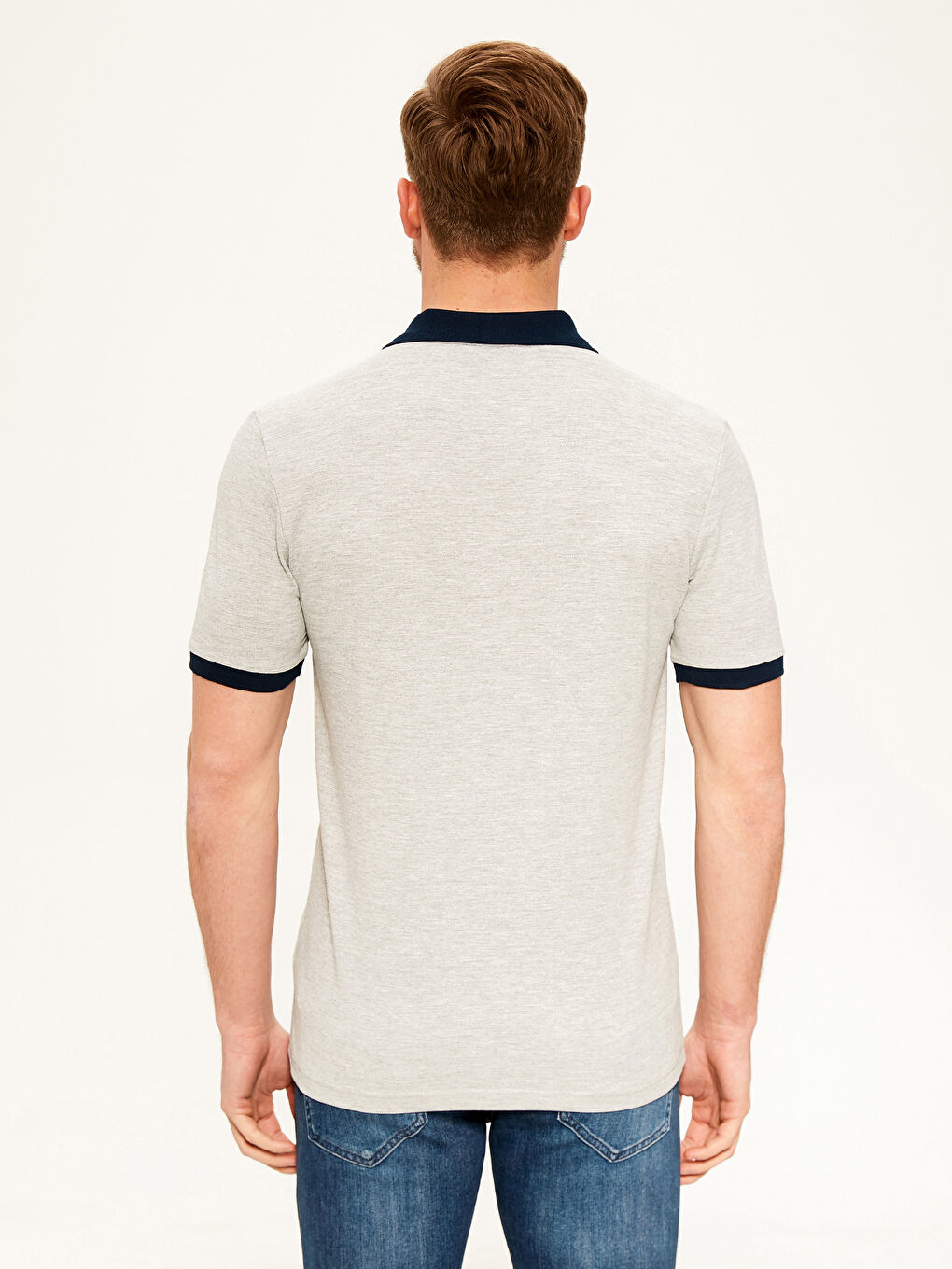 Gri Polo Yaka Kısa Kollu Pike Tişört-1
