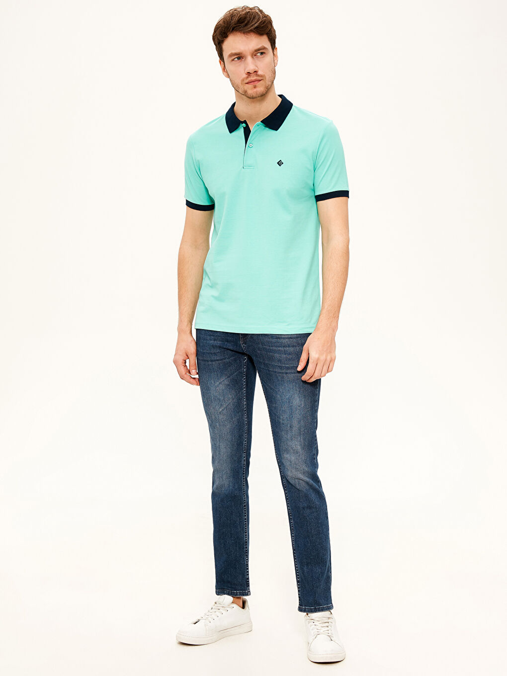 Turkuaz Polo Yaka Kısa Kollu Pike Tişört-5