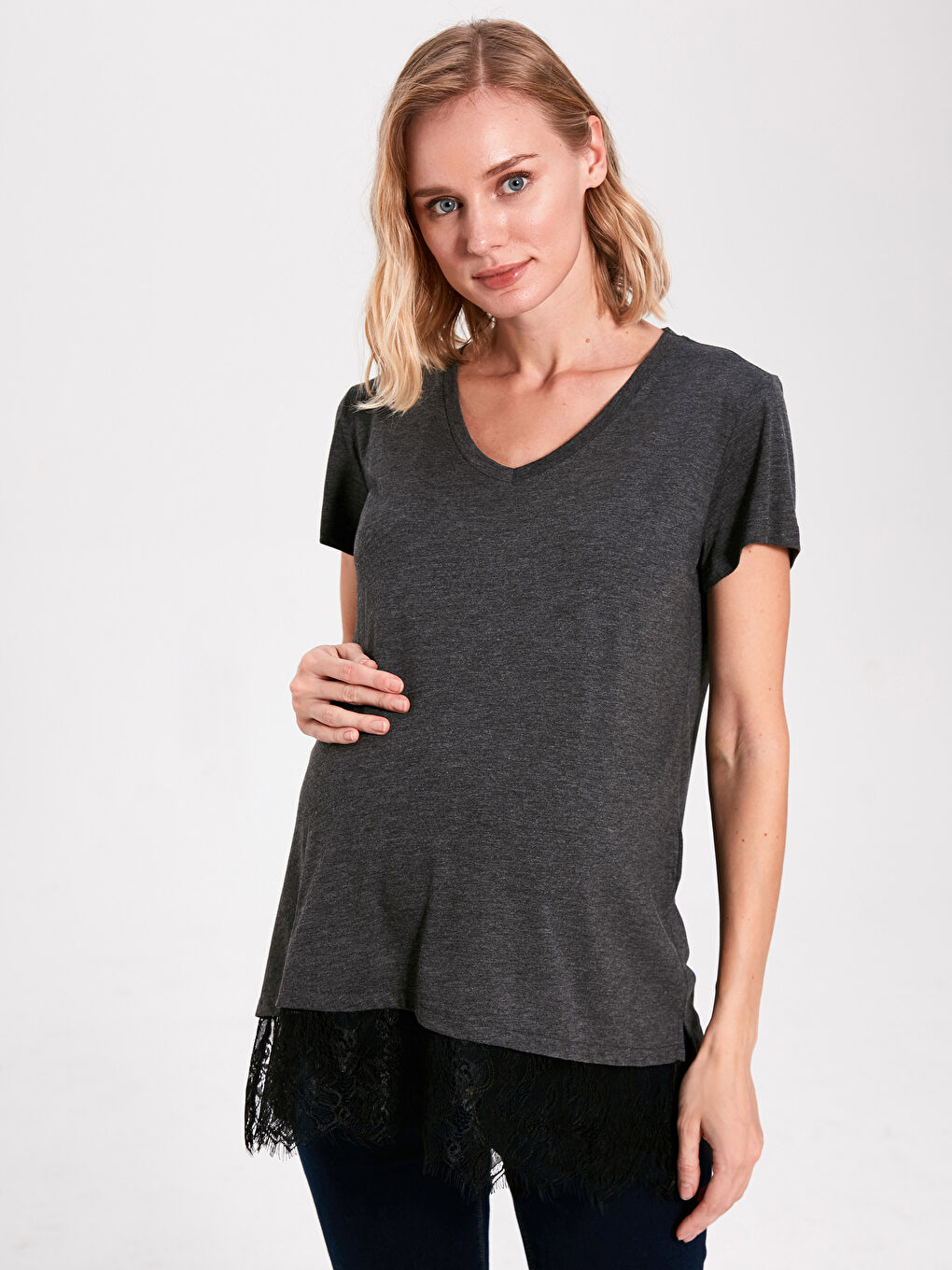 Antrasit Dantel Detaylı Hamile Tunik-2