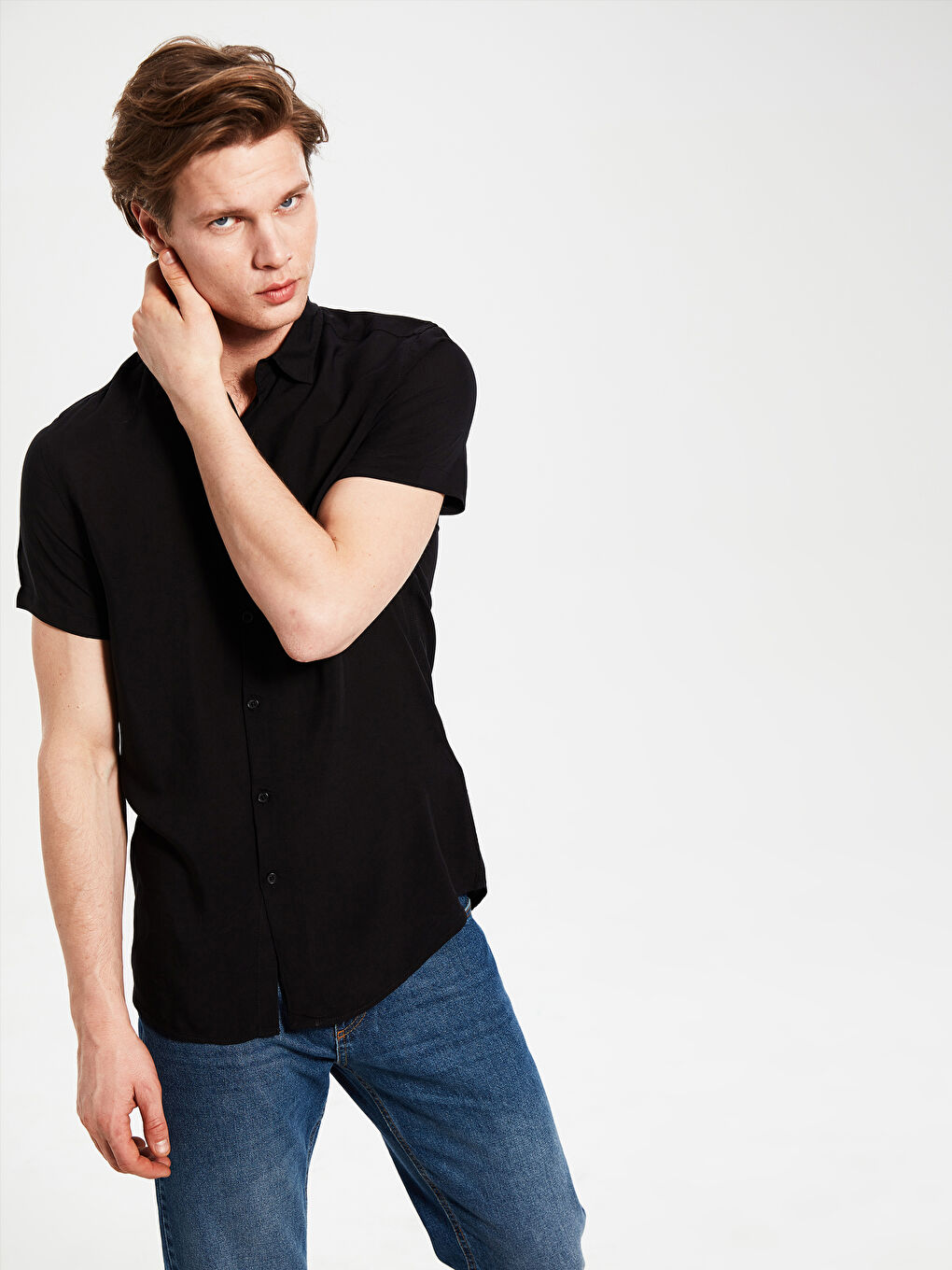 Siyah Slim Fit Kısa Kollu Poplin Erkek Gömlek