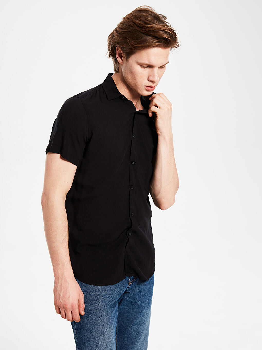 Siyah Slim Fit Kısa Kollu Poplin Erkek Gömlek-2