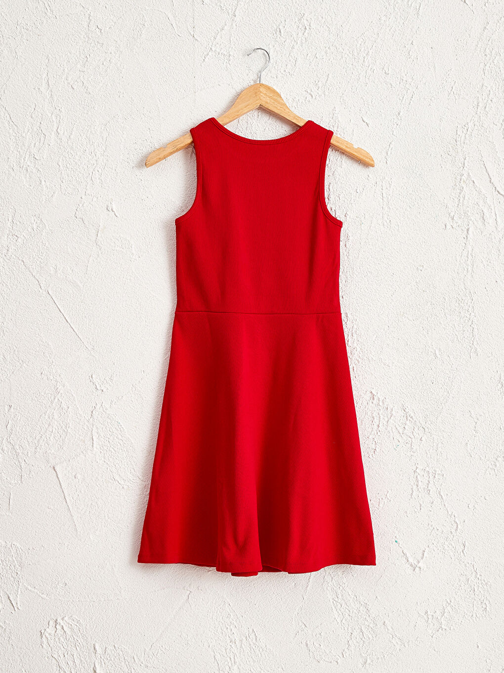 Kırmızı Bisiklet Yaka Kolsuz Dokulu Kumaş Kloş Kadın Elbise-2