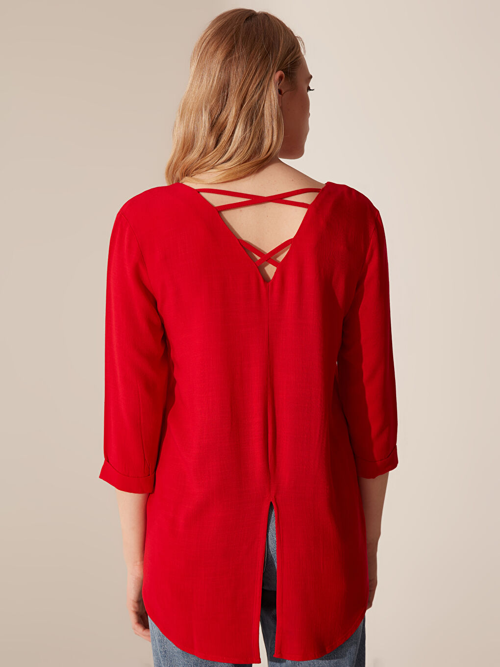 Kırmızı V Yaka Uzun Kollu Kadın Tunik-4