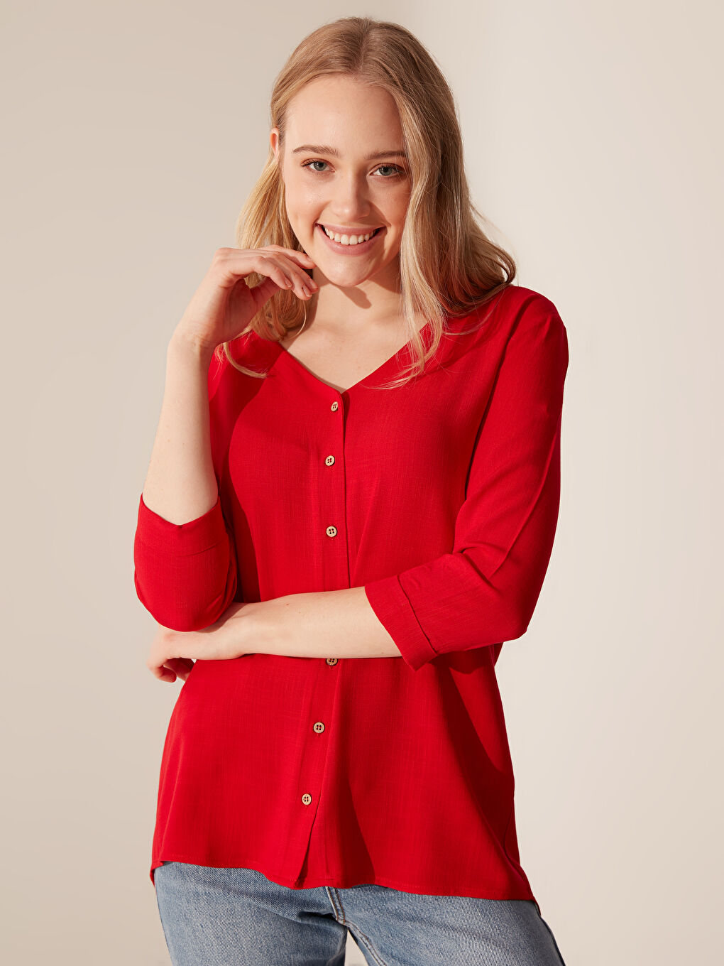 Kırmızı V Yaka Uzun Kollu Kadın Tunik-5