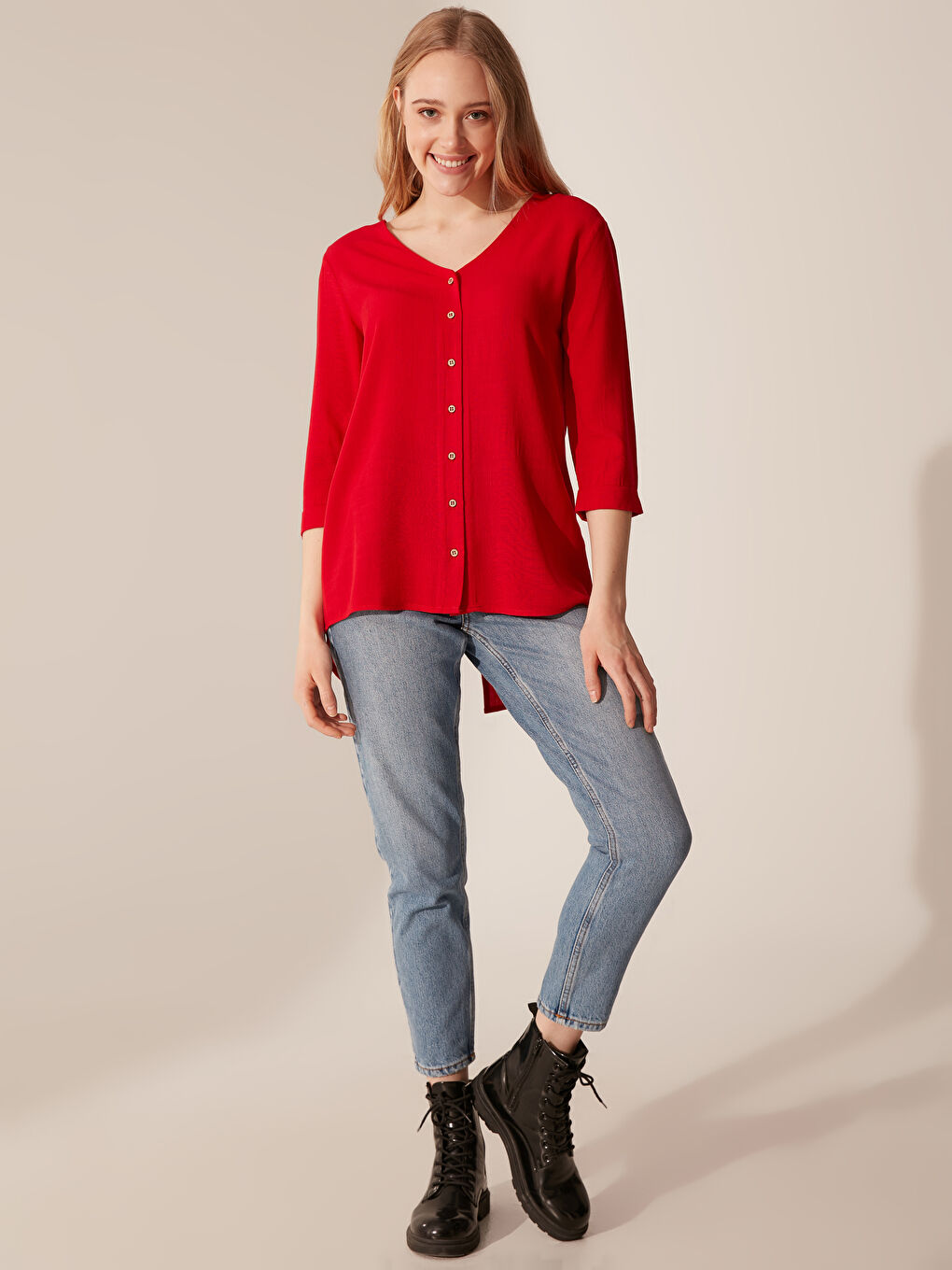Kırmızı V Yaka Uzun Kollu Kadın Tunik-6